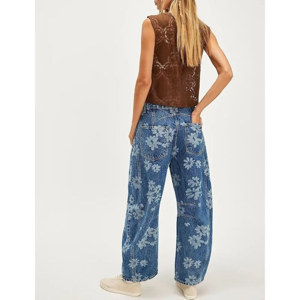 Women's Baggy Wide Leg Denim Jeans Floral Print Mid Rise Ankle Pants - Picture 6 of 6